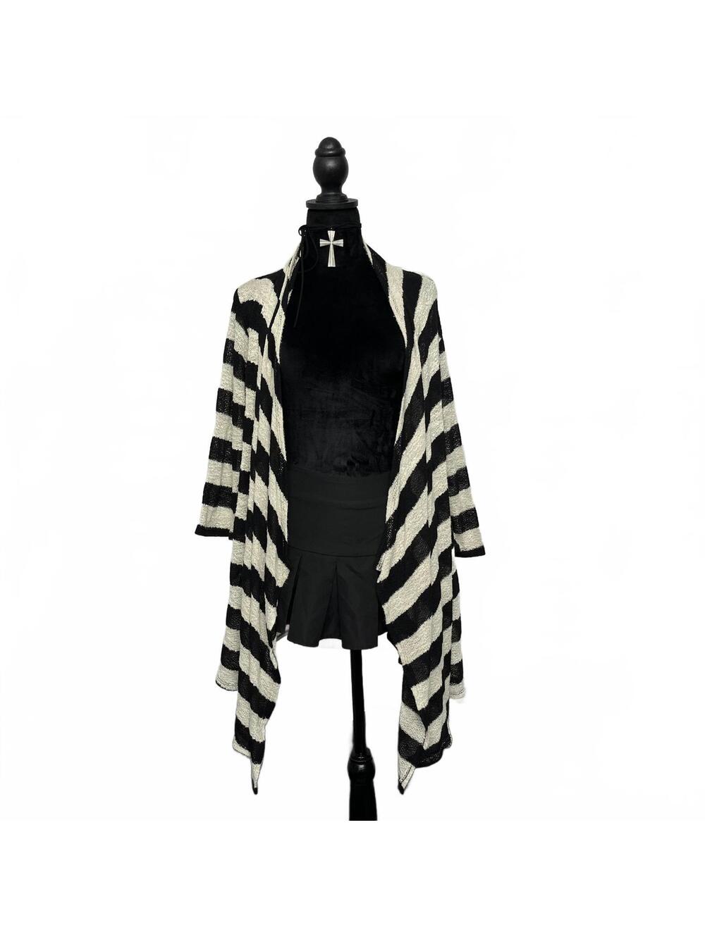 Vintage Julia Divina Cream Black Striped Asymmetrical Cardigan Sz L Whimsy Boho